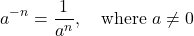 \[a^{-n} = \frac{1}{a^n}, \quad \text{where } a \neq 0\]